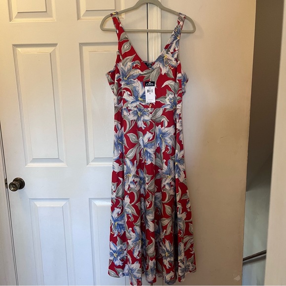 Chaps Dresses & Skirts - Chaps Red Floral NWT Cotton Knit Long Dress XL with Blue & Cream